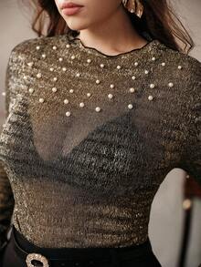 Anewsta Women Plus Size Round Neck Metallic Sheen Knit Fitted Elegant Pearl Embellished Top - Black - View 4