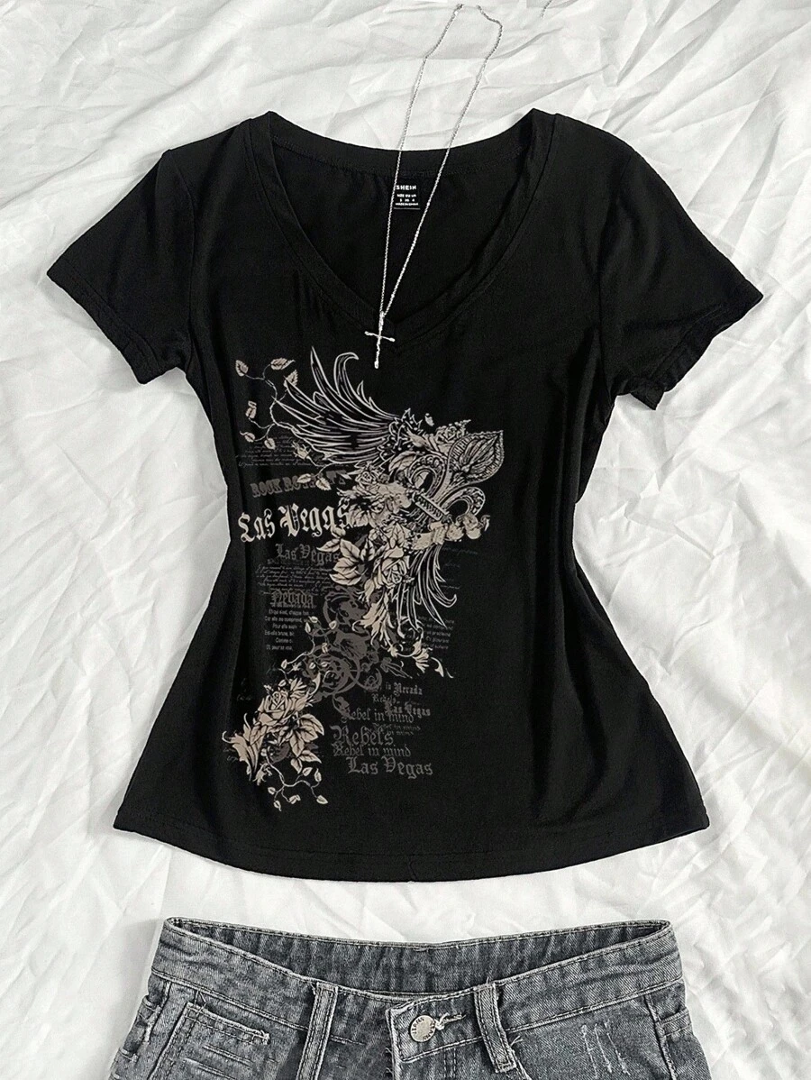 StreetHx 女式夏季 V 领修身 T 恤，带有复古十字花卉朋克亚文化动漫印花，短袖 V 领 - 黑色 - 查看 1