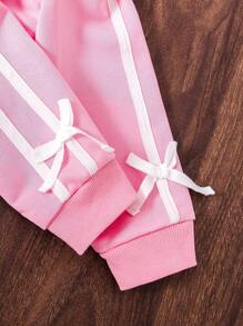 Conjunto Esportivo Casual Rosa com Moletom com Capuz e Decor de Laço 3D e Calça, 2 Peças, Adequado para Uso Ao Ar Livre, Lazer Esportivo, Uso Diário - Rosa chiclete - Visão 4