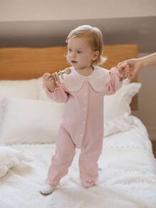 SHEIN 女婴粉色休闲针织连体衣，彼得潘领设计，适合外出和居家休闲穿着，春秋季款