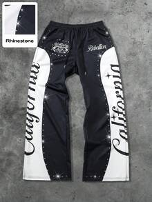 ROMWE MEN Street Life Men's Zebra Rhinestone Letter Print Drawstring Waist Sweatpants - Black - View 1