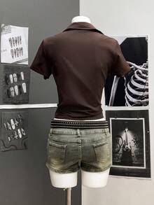 StreetHx Áo sơ mi tay ngắn in chữ và cây cọ phong cách Punk dành cho nữ - màu nâu - Xem 2