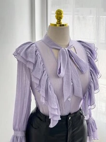 Sweetra Plus Size Women's Elegant Romantic Ruffle V-Neck Long Sleeve Front Button Bowknot Poet Blouse, Spring/Autumn - Purple - View 5