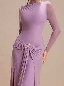 Modelyn Metal Decor Knit Comfortable Daily Party Elegant Vacation Dress, Long Sleeve - Purple - View 4