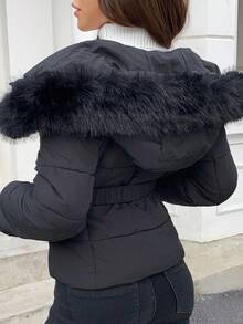 DAZY Women's Autumn/Winter Fitted Padded Coat With Furry Collar And Waist Drawstring Jacket - Black - View 8