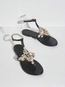 SHUZIA Dép đế bằng đính kim cương thời trang và đơn giản hàng ngày dành cho phụ nữ khi đi chơi mùa hè - màu đen - Xem 2