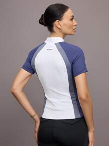Activina Riding Tops Women Women's Contrast Color Raglan Short Sleeve Button Half Placket Equestrian Top, Horse Riding Apparel Women - Blue and White - View 2
