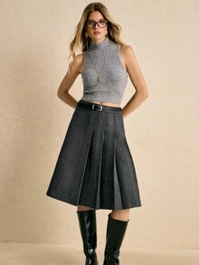 Poéselle Women's Skirts, Tweed Skirts, Asymmetrical Design, Gray Midi Skirts, Women's Bottoms, Warm Women's Casual Commuter Collegiate Style Zip-Up Pleated Knee-Length A-Line Skirt, Autumn/Winter (Belt Not Included) Women's Bottoms Long Skirts Fall Clothes For Women Autumn Outfits For Women Winter Clothes For Women Women's Winter Clothes