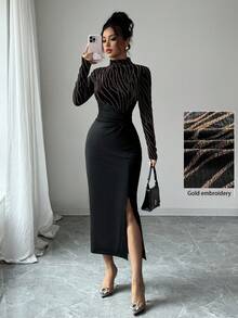 Modelyn Women's Zebra Striped Stand Collar Long Sleeve Side Slit Hem Twist Waist Bodycon Dress With Foil Printing, Elegant Evening Party Dress,Ladies Elegant Split,Split Thigh,Twist Long Sleeve Stand Collar Slim Fit Long Black Regular Sleeve Graphic Bodycon Women Long Dresses,Spring/Fall,Casual Daily Wear Maxi Women Outfit Long Evening Dresses - Multicolor - View 6