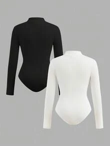 SHEIN Girlism 2pcs Tween Girls' Casual Fashion Ribbed Stand Collar Half-Zip Long Sleeve Bodysuit & Pants Set, Black & White, Suitable For Weekend And Casual Outings, Bodysuits For Teen Girls, Tight Fitted Tops, Zip Up Bodysuit Fall Winter - Multicolor - View 2