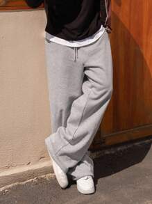 DAZY 男士纯灰色直筒抓绒运动裤，街头风，秋冬男士慢跑裤商务装 - 灰色 - 查看 3