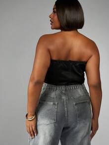 MISSGUIDED PLUS Plus Size Satin Corset Top With Lace Up Front Detail Bustier Crop Tank Evening Party Club Wear Night Out Strapless Fashion Top - Black - View 2