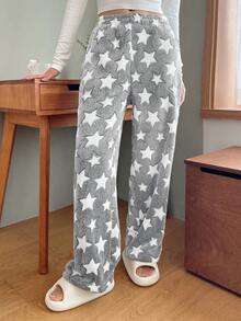 DAZY Flannel Thicken Allover Star Pattern Fluffy Bottoms, Thermal Lined Fall, Winter, Cozy - Light Grey - View 4