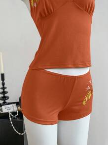 SHEIN Unity 女士棕色花卉刺绣复古 Y2K 紧身舒适海滩度假泳衣套装、细肩带 V 领吊带背心和性感短裤 - 薑色 - 查看 4