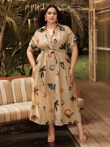 Anewsta Robe mi-longue d'été pour grandes tailles, nouvelle conception, vacances, imprimé, col V, taille vrillée - Voir 3