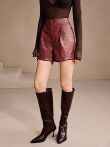 Anewsta Damen Burgunder PU geprägtes Leder Taschen Elegante Business Shorts, Herbst/Winter