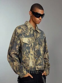 ROMWE MEN Grunge Punk Men's Autumn Leopard Print Single-Breasted Casual Loose Denim Jacket - Brown - View 7