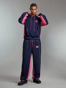Prep Men's Contrast Color Casual Hoodie And Pants Set, Fall Clothes - Navy Blue - View 5