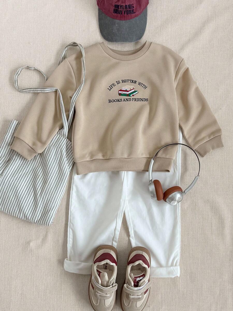 PrepCrw 小男孩字母刺绣圆领卫衣，秋冬学院风