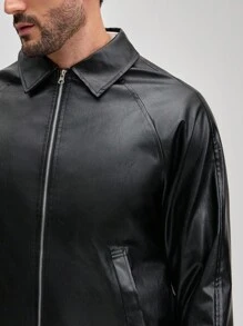 Officeau Men's Zipper Collar Black Faux PU Leather Jacket, Fall/Winter - Black - View 4
