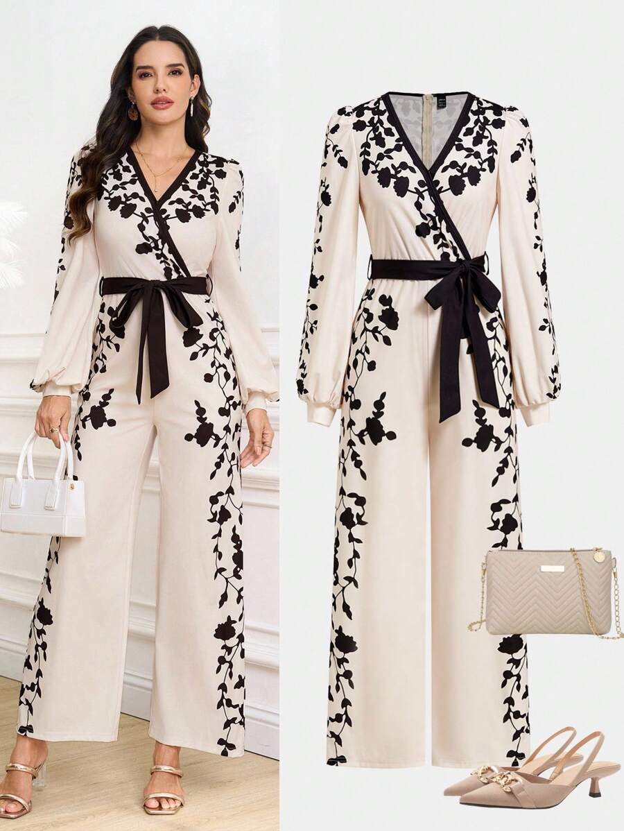Ellevyn 女式 V 领长灯笼袖卡其色黑色花卉印花腰部修饰直筒连体裤，优雅日常穿着，秋冬 - 彩色 - 查看 1