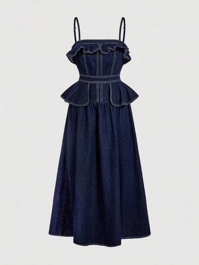 Selenza 女士设计感喇叭裙无弹力修身牛仔吊带背心连衣裙