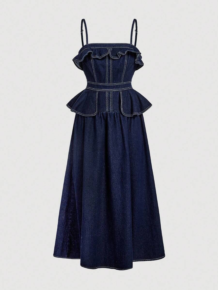 Selenza 女士设计感喇叭裙无弹力修身牛仔吊带背心连衣裙 - 深色水洗藍 - 查看 1