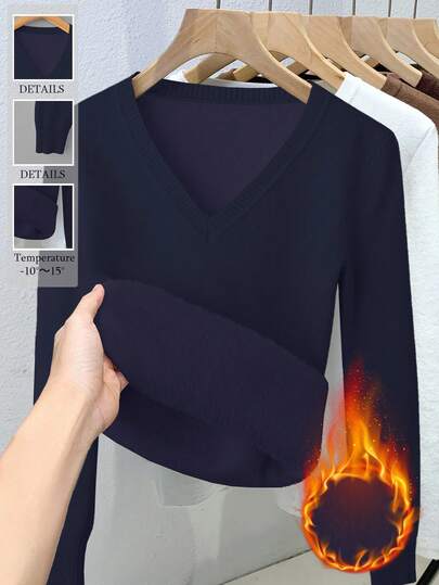 Franclia Women's Casual Solid Color Thermal Lined V-Neck Long Sleeve Sweater, Autumn/Winter Fall Cloth For Women Women Long Sleeve V-Neck Top Thermal Long Sleeve Top Women Winter Top Long Sleeve Fleece Top Women V Neck Top