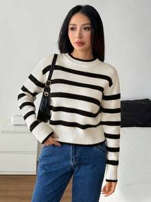 SHEIN PETITE 女式立领黑白条纹简约毛衣，休闲日常穿着，适合秋冬季娇小身材 - 黑與白 - 查看 5