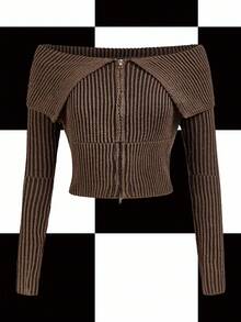 Y2Kool BiGraphic Cárdigan con cremallera y hombros descubiertos en color caqui para mujer, suéter corto de color marrón otoñal con hombros descubiertos, suéter con cremallera para mujer, cárdigan corto acanalado, idea de combinación para el invierno - Caqui - Ver 4