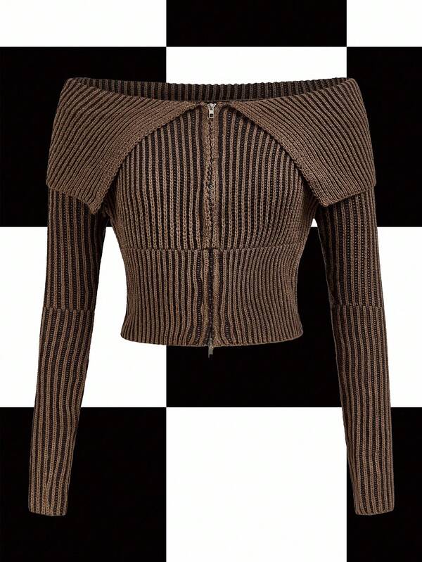 Y2Kool BiGraphic Cardigan zippé kaki épaules dénudées pour femmes, automne