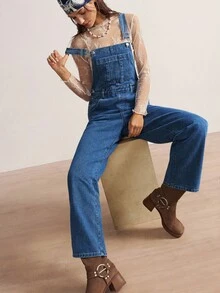 Bohemela 女士休闲牛仔背带裤、连体裤 女式牛仔背带裤 牛仔背带裤 女式牛仔连体裤 女式牛仔连体裤 女式秋季服装 西部风女装 波西米亚风女装 女式牛仔套装 女式牛仔套装 - 中等水洗藍 - 查看 5