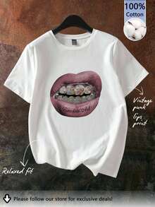 Tseoso Casual Round Neck Short Sleeve Retro Punk Gothic Lip Print Fitted Women T-Shirt, Suitable For Summer, Airport, Outdoor Wear, Y2K