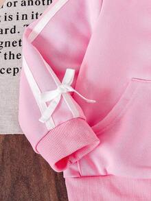 Conjunto Esportivo Casual Rosa com Moletom com Capuz e Decor de Laço 3D e Calça, 2 Peças, Adequado para Uso Ao Ar Livre, Lazer Esportivo, Uso Diário - Rosa chiclete - Visão 8