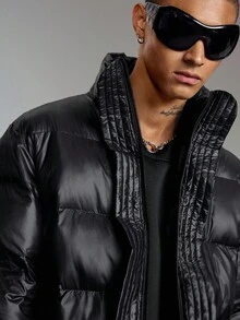 ROMWE MEN Street Life 男士休闲纯色立领拉链加厚外套，冬季、秋季 - 黑色 - 查看 2