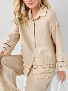 Miaspire 2 件女士休闲单扣长袖 100% 纯棉衬衫和裤子套装，宽松版型，秋冬女装两件套秋季套装棕色套装女士秋季套装女士服装套装 - 杏色 - 查看 6