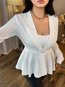 SHEIN Clasi 大码女式纯色针织纹理提花V领长袖荷叶边奢华优雅修身西装外套 - 杏色 - 查看 2
