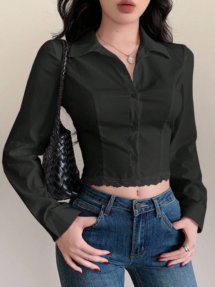 Sexy Fishbone Stitching Collegiate Style Slim Fit Cardigan, Hollow Out Lace Patchwork Elegant Long Sleeve Blouse For Office Wear, Spring/Autumn Y2k