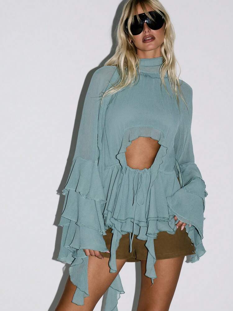 KIZN Ruffled High Neck Blouse With Bell Sleeves And Cutout Detail