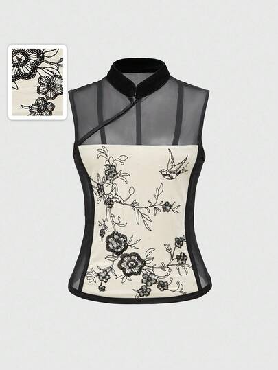 ROMWE Avant Chinese Neo-Traditional Style Beaded Embroidery Sheer Back Top For Women