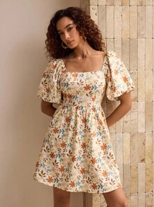 Glamance PATTERNIARY 女式花卉印花方领泡泡袖时尚短款连衣裙，适合度假，田园风格连衣裙，野花连衣裙，带袖太阳裙，褶饰女式连衣裙，夏季连衣裙，女士外出，秋季优雅连衣裙，休闲 - 彩色 - 查看 5