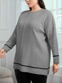 EURMUSE Contrast Binding Batwing Sleeve Sweater - Light Grey - View 5