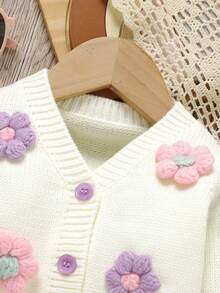 SHEIN Vintaside Kids 精致婴幼儿针织毛衣套装，手工钩织3D花卉外套，搭配荷叶边精致吊带连体衣，配以甜美头饰，温暖呵护宝宝成长的每一步，展现温馨童趣与时尚品味 - 粉色 - 查看 3