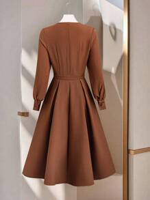 Franclia 秋冬女装商务休闲纯色简约V领长袖连衣裙新款秋季时尚女装连衣裙女秋装婚礼宾客礼服女万圣节服装教师装秋季 - 棕色 - 查看 2