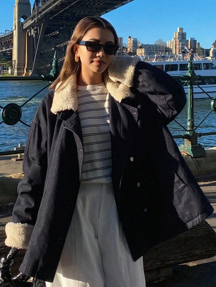 Women's Casual Padded Coat With Denim And Faux Fur Patchwork, Loose Fit, Suitable For Autumn/Winter Jacket