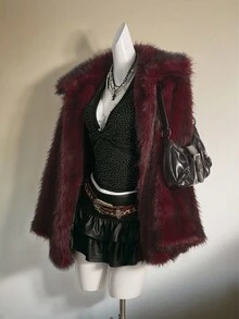 SHEIN ICON Oversized Faux Fur Collar Mixed Color Jacket Burgundy Fur Coat In Fall/Winter