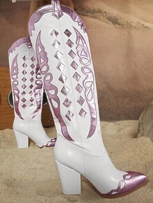 SHUZIA Của phụ nữ High Top Họa tiết Hình học Trắng Pointed Toe Giày ống - Hồng - Xem 9