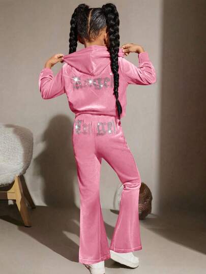 SHEIN Conjunto informal y elegante de 2 piezas para niña preadolescente con sudadera con capucha con cremallera, bolsillo con strass de terciopelo y pantalones acampanados