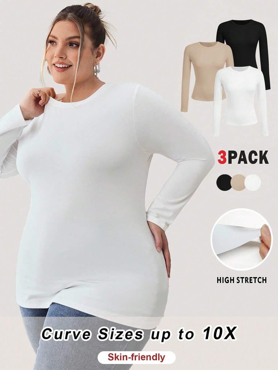 SHEIN CURVE+ 加大码女式纯色圆领休闲修身长袖 T 恤 3 件套装，适合春秋冬 - 彩色 - 查看 1