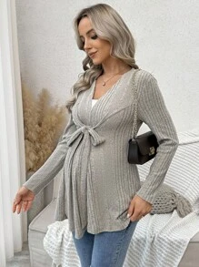 SHEIN Pregnant Women's Solid Color Regular Shoulder Long Sleeve Striped Casual Drawstring Regular Jacket - Khaki - View 3